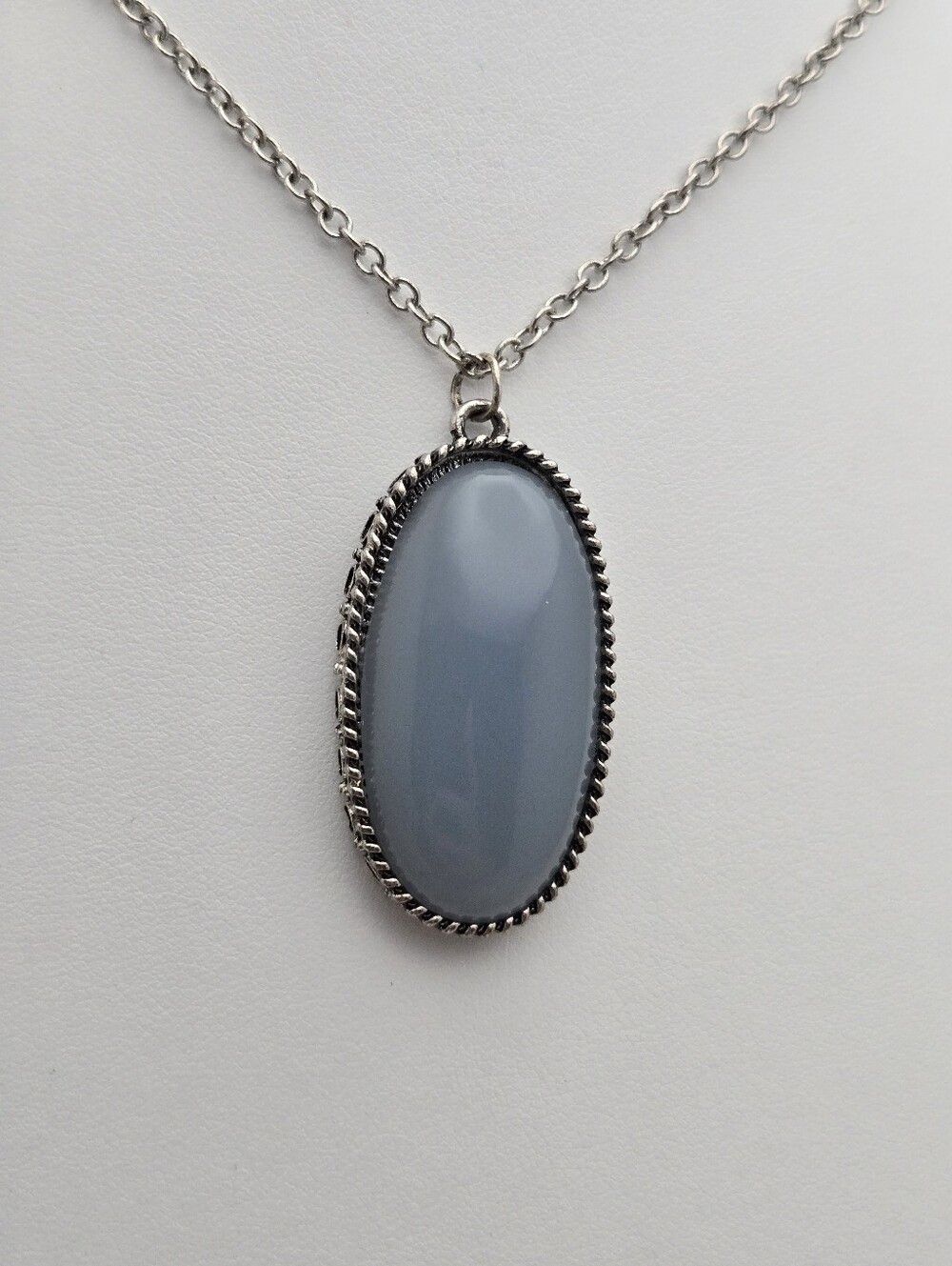 Blue Chalcedony Stone Pendant Necklace Silver Tone Long Chain Oval Necklace 29”